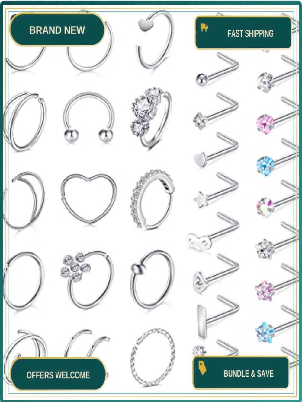 20G Stainless Steel Nose Rings L-Shaped Studs Hoops Screw Piercing Jewelry